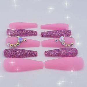 Pink Sugar Glitter Heart Rhinestone Press on Nails